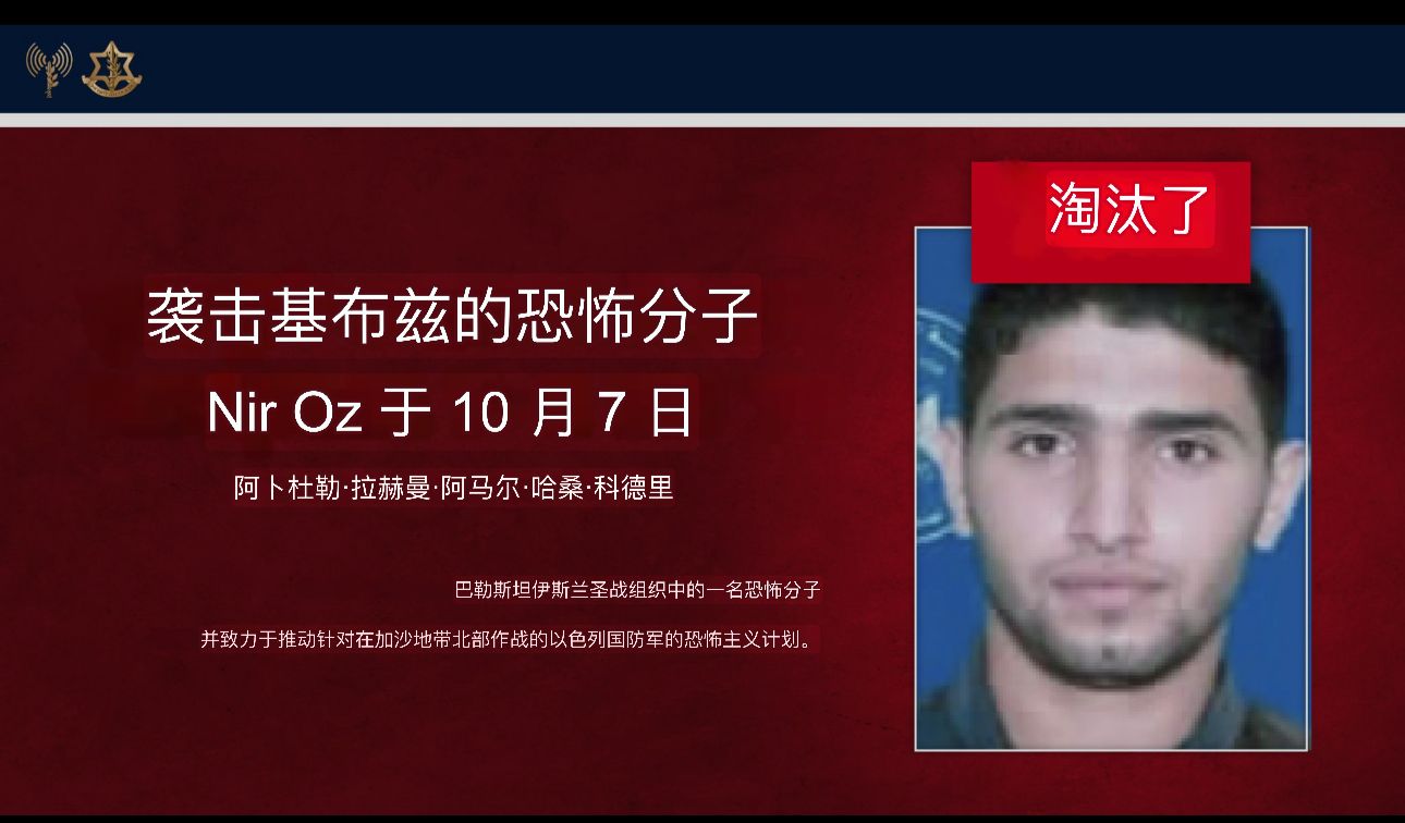 加沙击毙参与10月7日袭击人员恐怖分子阿卜杜勒·拉赫曼·阿马尔·哈桑·霍德里。 ...